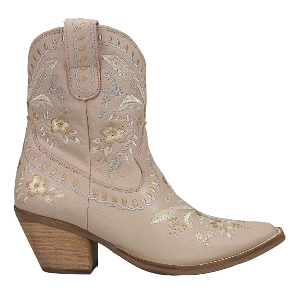 Dingo  Womens Primrose Embroidered Floral Sizenip Toe   Casual Boots   Ankle Mid Heel 2-3"