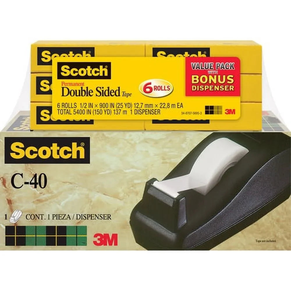 Sizecotch Permanent Double-Sizeided Tape - 1/2 25 yd Length x 0.50" Width - 1" Core - Dispenser Included - Desktop Dispenser - 6 / Pack - Clear