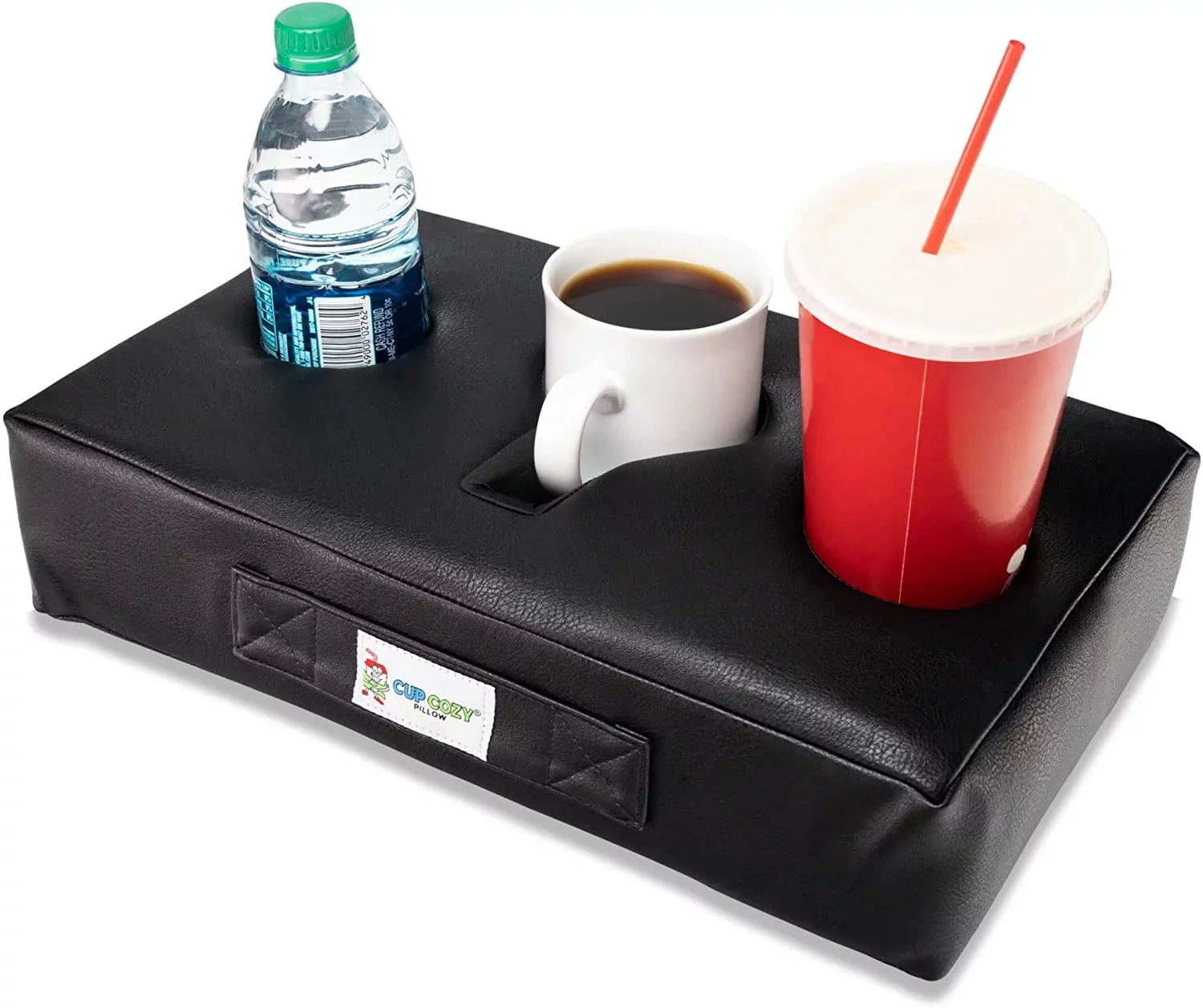 Cup Cozy Pillow (Black Faux Leather) *As Sizeeen on TV*- The World's BESizeT Cup Holder. Keep drinks close and prevent spills. Use it anywhere-Couch, floor, bed, man cave, car, RV, park, beach and more!
