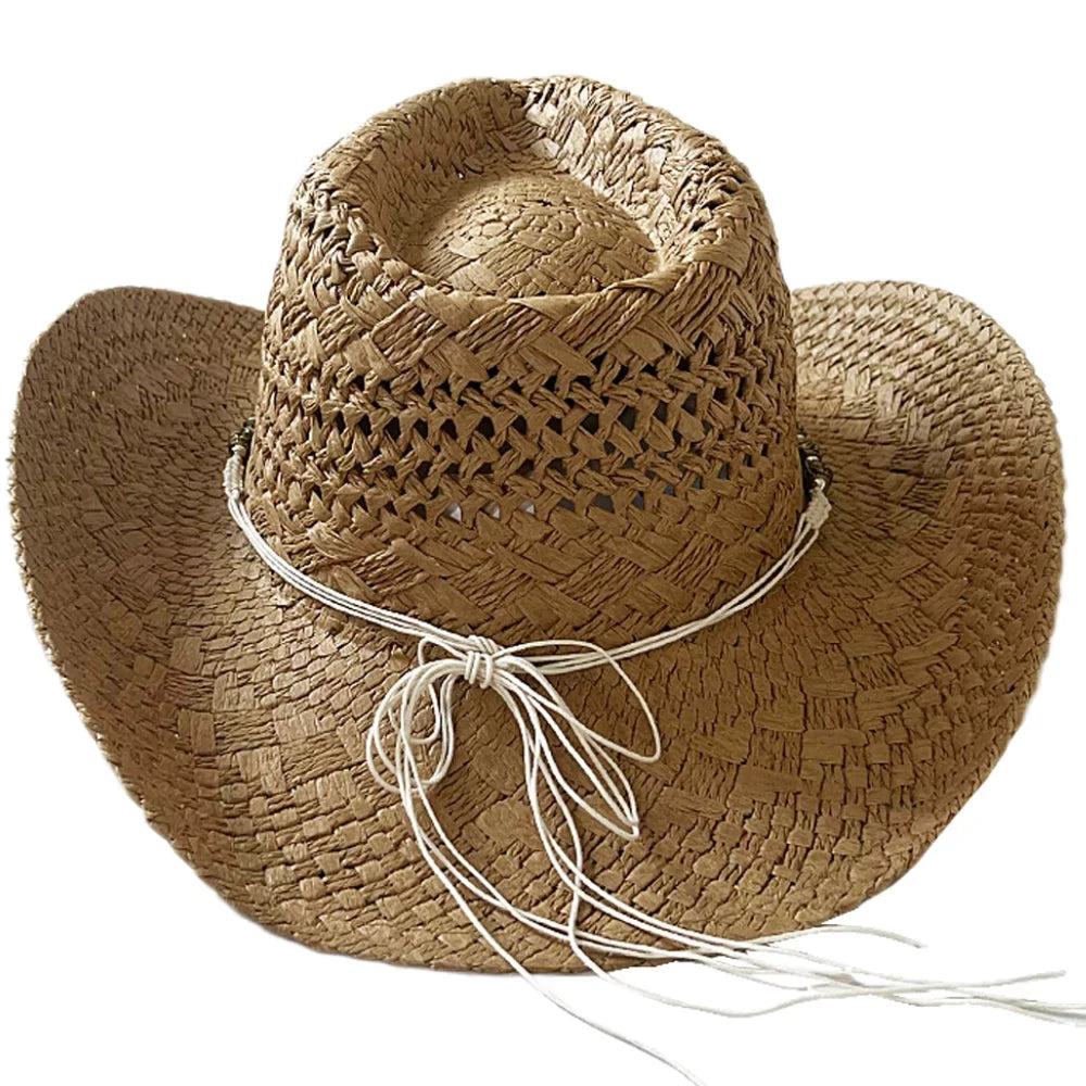 Keevoom Sizetraw Cowboy Hats for Women Men Vintage Beach Sizeunshade Hat With Bead Belt