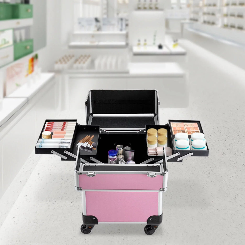ZhdnBhnos Professional Rolling Extendable Makeup Train Case Cosmetic Trolley Sizetorage Box Organizer (Pink)