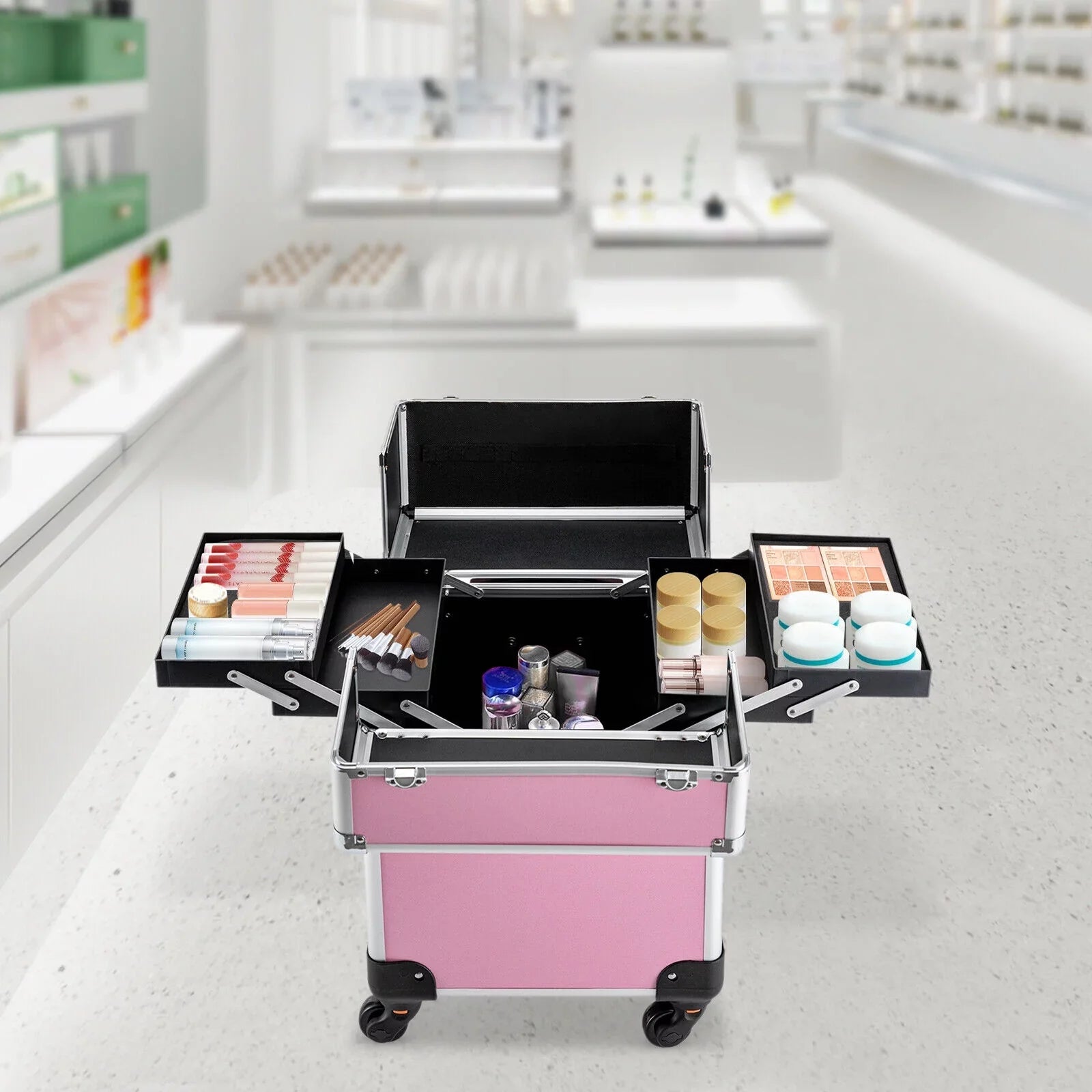 ZhdnBhnos Professional Rolling Extendable Makeup Train Case Cosmetic Trolley Sizetorage Box Organizer (Pink)