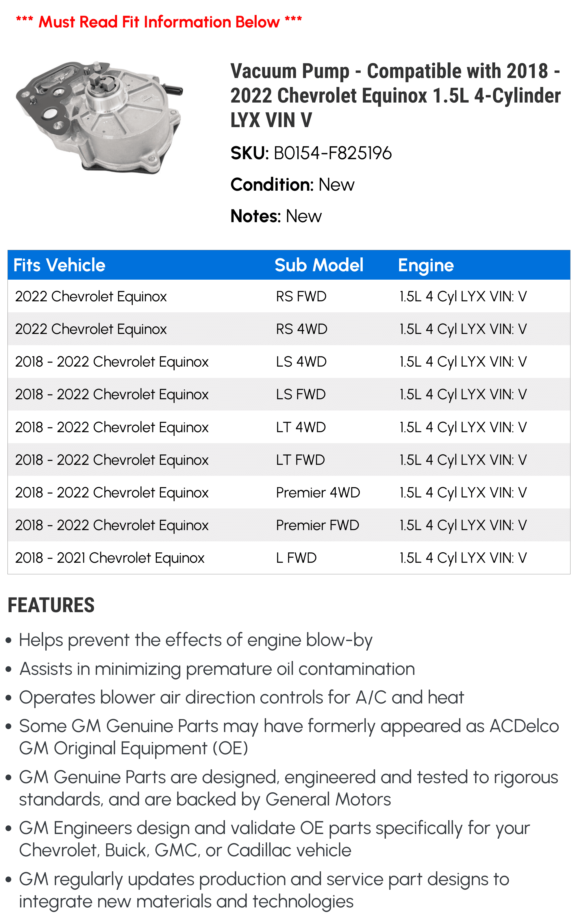 Vacuum Pump - Compatible with 2018 - 2022 Chevy Equinox 1.5L 4-Cylinder LYX VIN V 2019 2020 2021