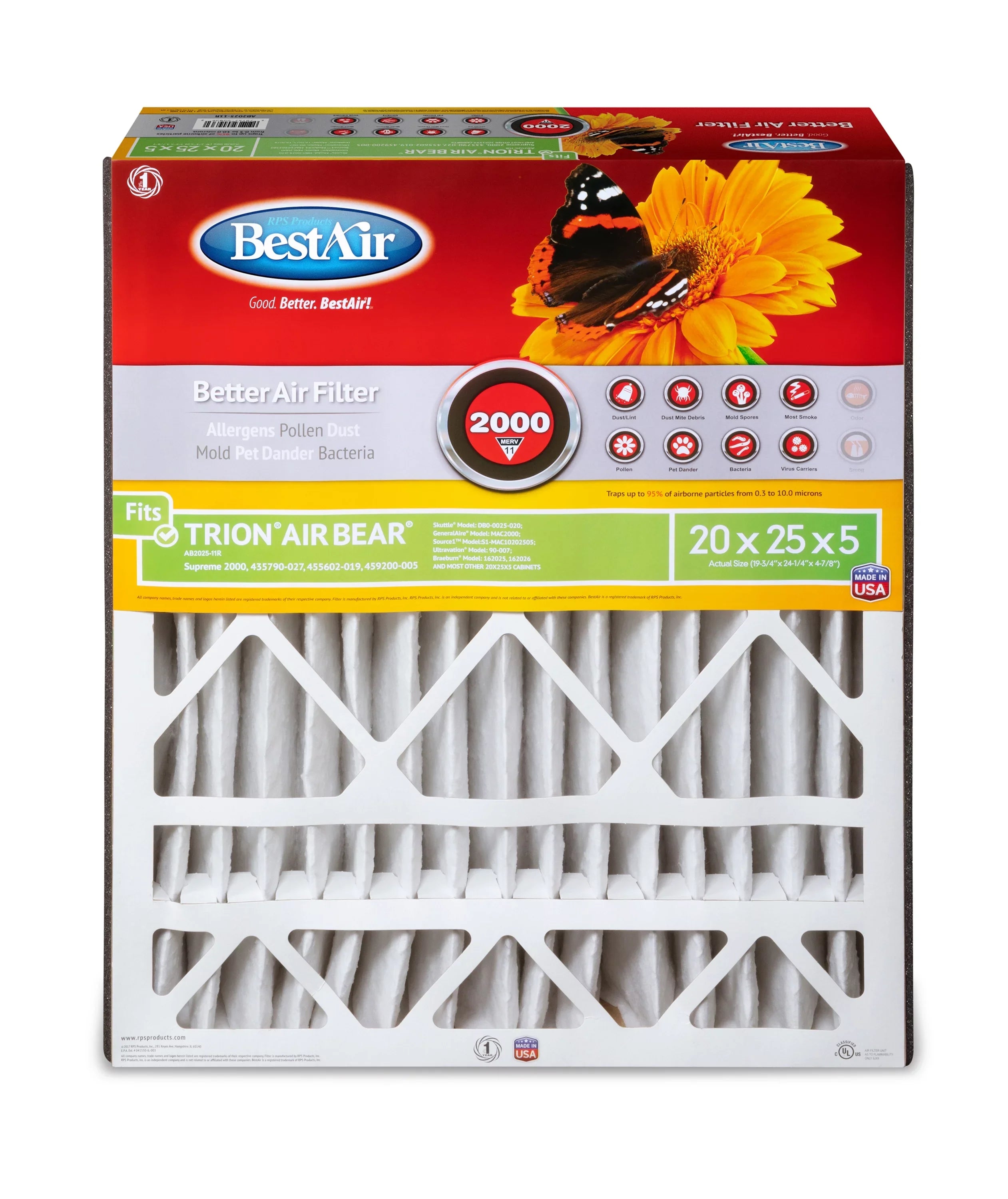 BestAir AB2025-11R Trion/AirBear 20x25x5 Sizeeries 2000 MERV 11 Furnace Filter