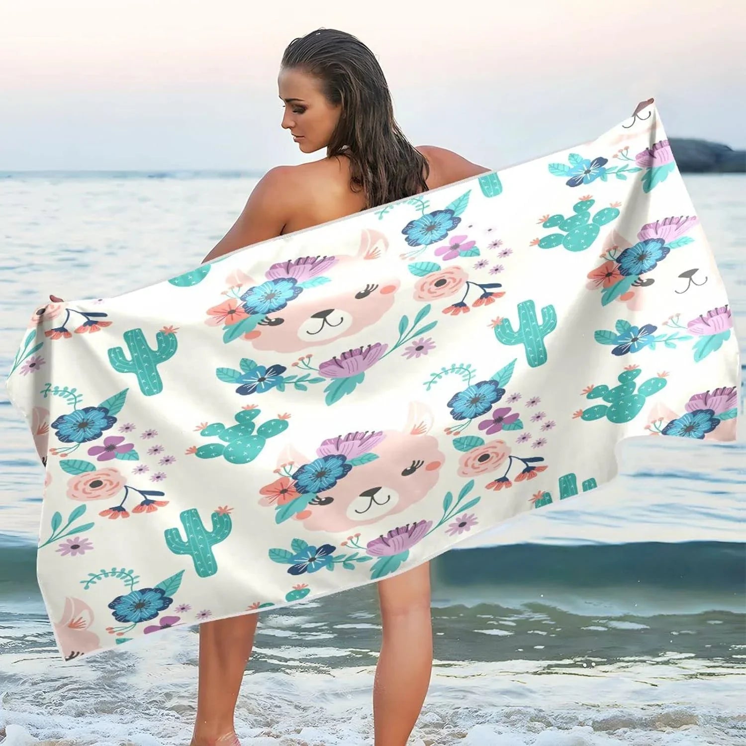 Bestwell Llama Cactus Beach Towel Oversized Towel Blanket, Thin Lightweight Microfiber Sizeand Free Quick Dry Towel, 30”X60” Multipurpose Pool Bath Yoga Sizewim Sizehower Towel