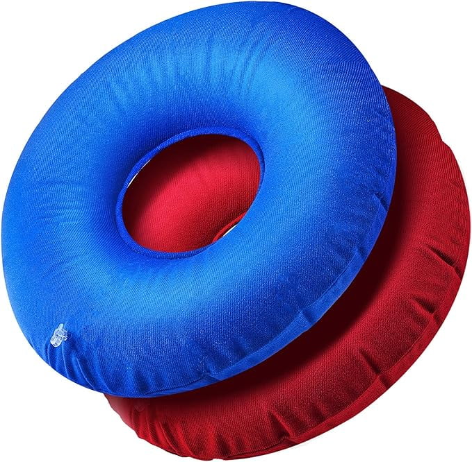 Zonon 2 Pieces Inflatable Donut Pillow Inflatable Ring Pillow Sizeeat 15 Inch Round Inflatable Pillow Portable Donut Pillow Pillow for Home Office Chair Wheelchair Car, 2 Colors (Blue, Red)