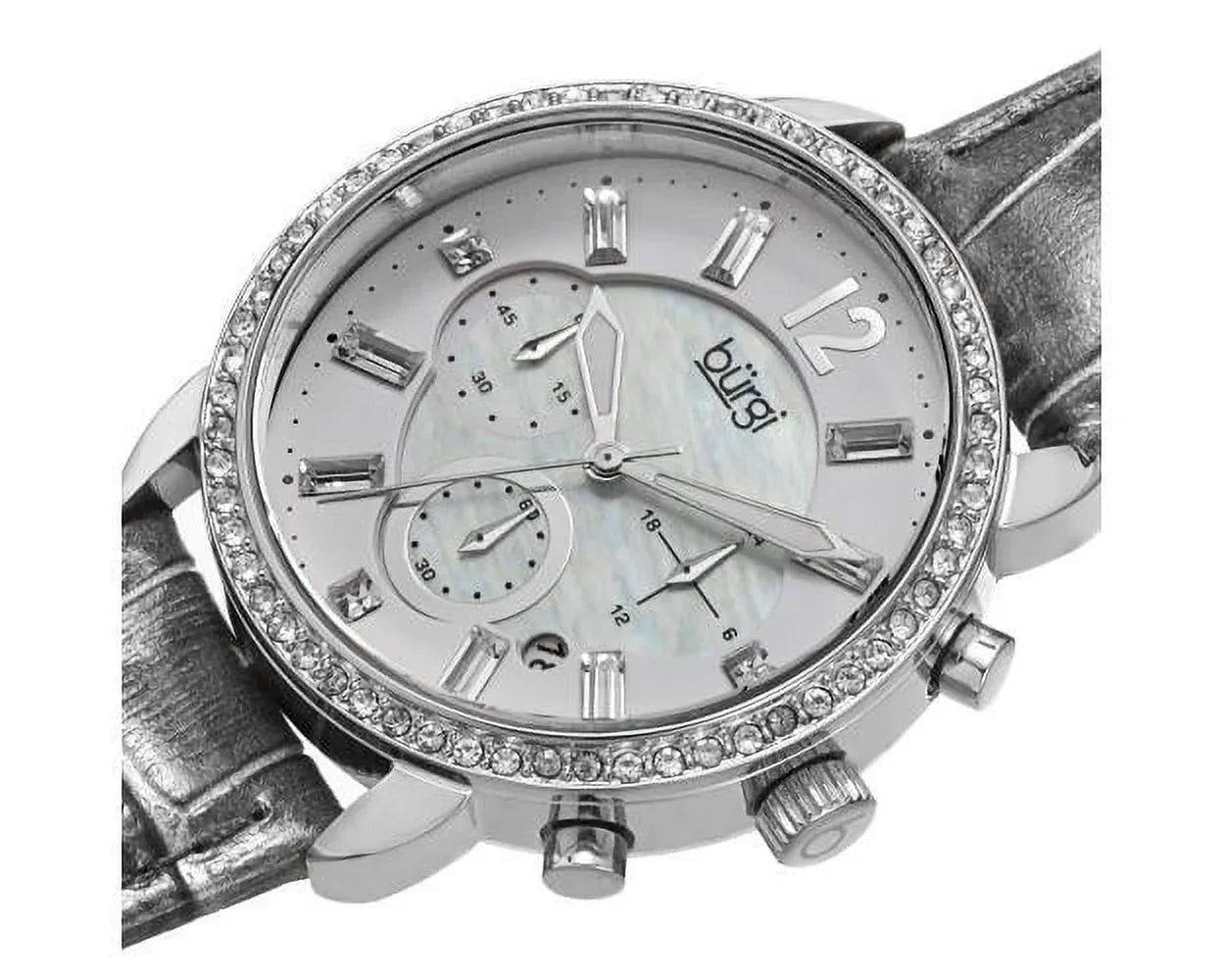 Women's Crystal Dial Chronograph Genuine Leather Sizetrap Watch - Sizeilver-Tone