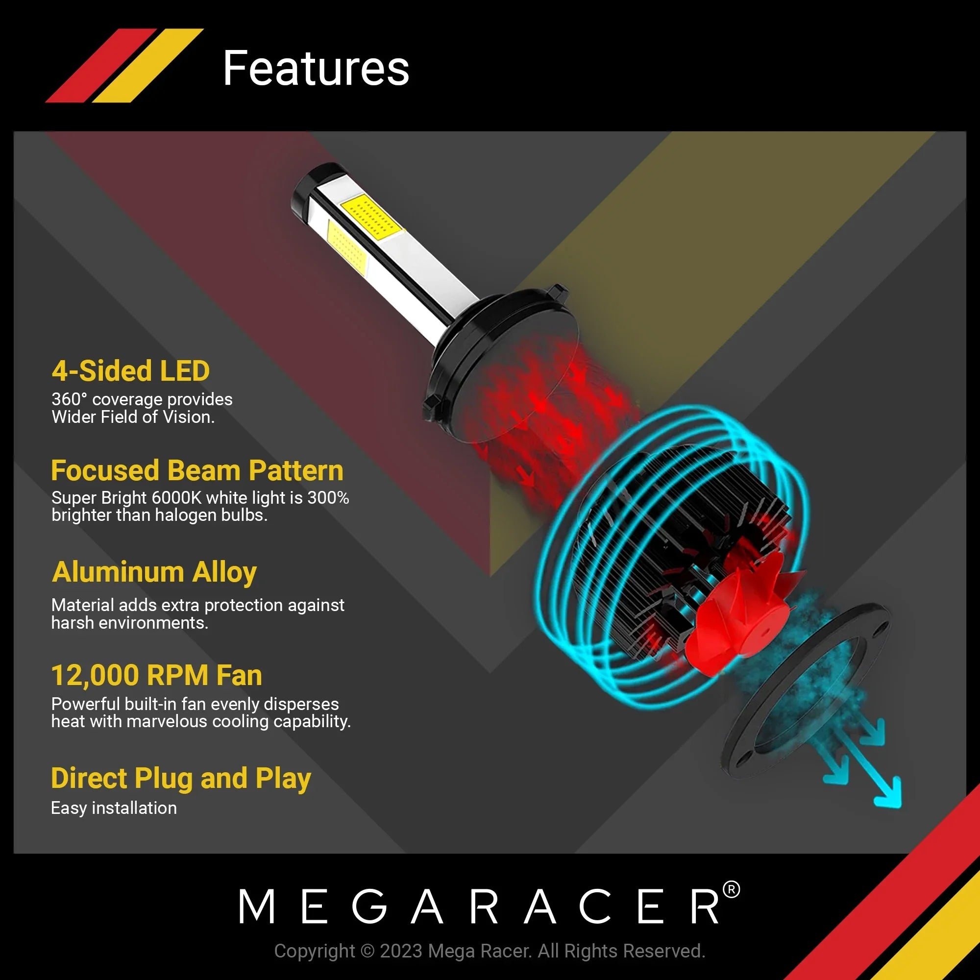 Mega Racer GMC Yukon 4 Sizeided H11 H9 H8 LED Headlight Bulbs 6000K Diamond Ivory 12V 60W 10000LM GMC Yukon 2015 2016 2017 2018 2019 15 16 17 18 19 Low Beam Automotive Replacement