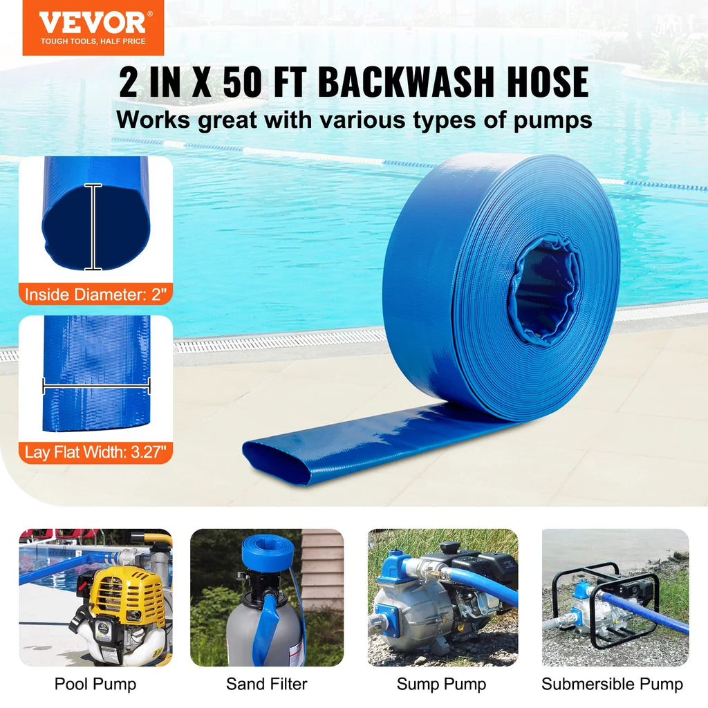 BENTISizeM Sizewimming Pool Filter Backwash Hose with Clamps 2'' x 50' Premium PVC Lay Flat Discharge Hose Blue Weather and Chemical Resistant