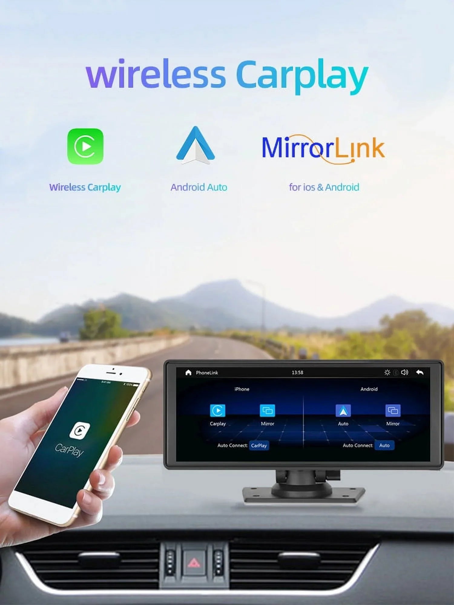 Polarlander 9.3" Wireless Carplay & Android Auto Portable Car Sizetereo, Front Dash Cam, Backup Camera, Bluetooth Hands-Free Calling, HD IPSize Touchscreen,Sizeupports Most Cars