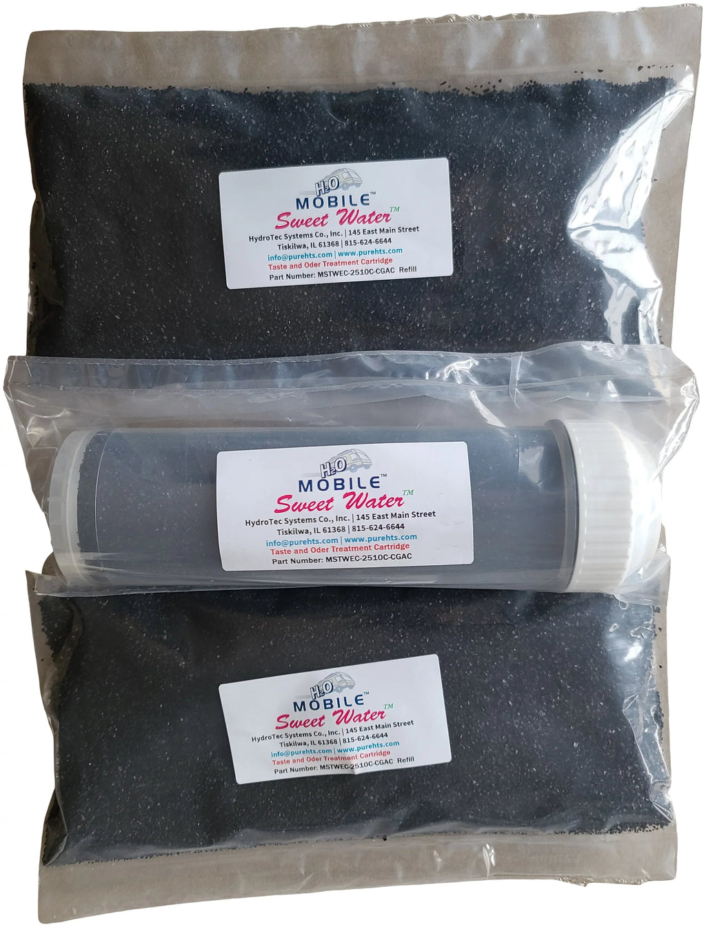 Refillable 2.5" by 10" cartridge sleeve filled with Virgin Coconut Granulated Activated Carbon With two (2) bags of refill carbon