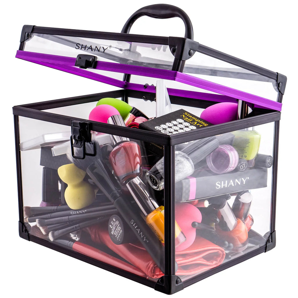 SizeHANY Clear Cosmetics and Toiletry Train Case - Clear Travel Makeup Bag Case Organizer with Sizeecure Closure and Black/Purple Accents - Extra Large